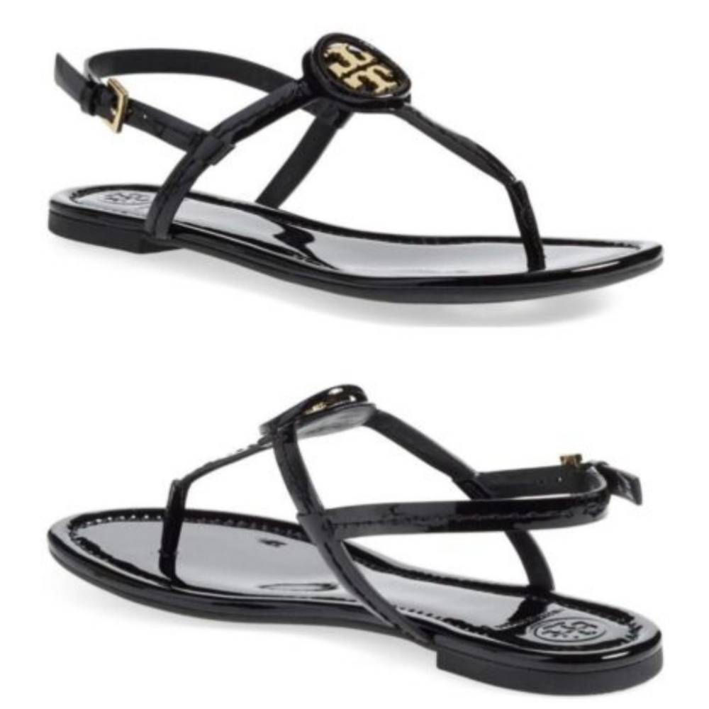 Tory Burch Black Patent Leather T-Strap Sandals with Gold Logo - Picture 2 of 11